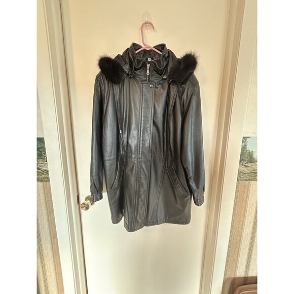 Field Gear Womens Black Leather Parka Coat Fox Tail Removable Hood Large - Picture 1 of 16